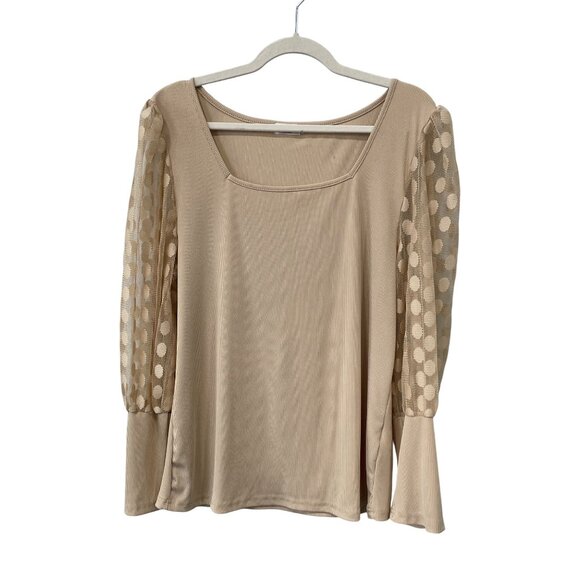 Qearal Tops - Qearal Blouse Size XL Ribbed Square Neck Sheer Polka Dot Sleeve Beige Feminine